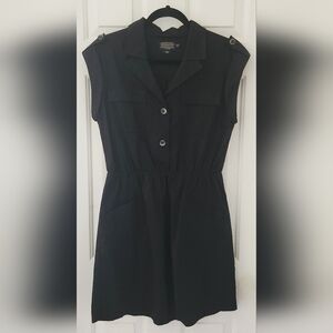 Pendleton Mini Dress Sz 8P Black Button-Up V-Neck Smocked Waist Pockets Casual